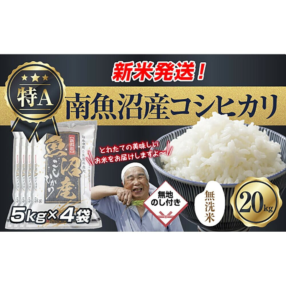 【ふるさと納税】【令和8年産　新米予約】無地のし 「無洗米」 新潟県 南魚沼産 コシヒカリ お米 5kg&times;4袋 計 20kg 精米済み（お米の美味しい炊き方ガイド付き） お米 こめ 白米 こしひかり 魚沼 南魚沼 南魚沼市 【2026年10月中旬より1ヶ月以内に順次発送予定】｜新潟県南魚沼市