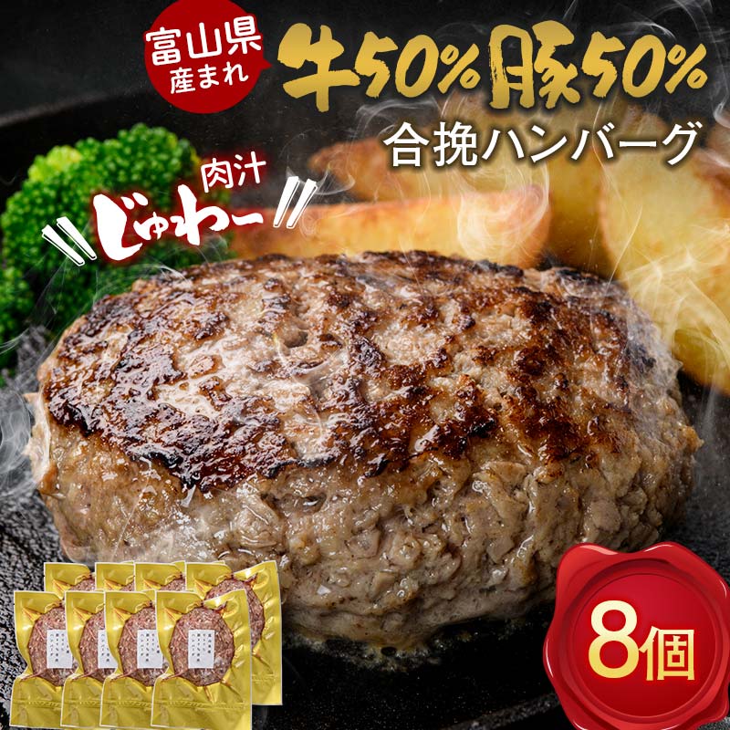 【ふるさと納税】富山県産 牛50％ 豚50％ 合挽ハンバーグ 8個セット カシワファーム 和牛 牛肉 おかず 惣菜 時短 冷凍 富山県 立山町 お歳暮 お中元 F6T-553