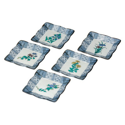 【ふるさと納税】九谷焼　4.2号皿揃　草花絵変り （5枚セット）a01 食器 キッチン雑貨 キッチンアイテム 雑貨 小物 お皿 角皿 食卓 テーブルコーディネート 贈り物 普段使い