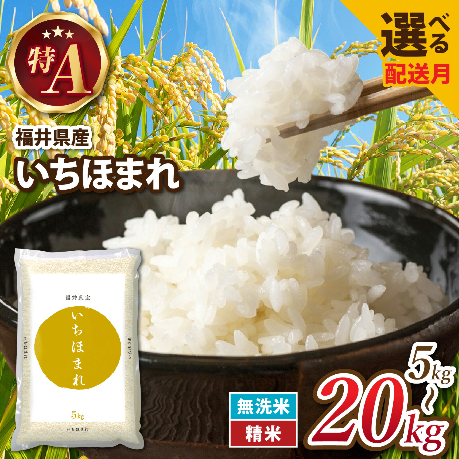 【ふるさと納税】【選べる配送時期】生活応援 令和7年産 福井が生んだブランド米 福井県産 いちほまれ 選べる容量 / 米 無洗米 こめ お米 コメ ごはん ご飯 飯 無洗米 七年 7年産 調和 5kg 10kg 15kg 20kg 2袋 3袋 4袋 無洗米 精米 白米 単一米 ブランド 家計 特A