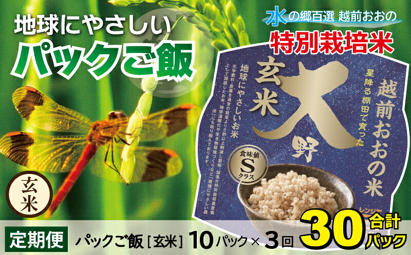 【ふるさと納税】【3ヶ月定期便】地球にやさしいパックご飯 10食入り【玄米】&times; 3回　計30食　減農薬・減化学肥料 「特別栽培米」&minus;地球にやさしいお米&minus;[B-003008] コシヒカリ こしひかり 防災 備蓄 パックご飯 150g パックごはん パックライス 頒布会 福井県｜福井県大野市