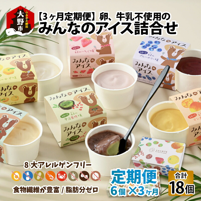 【ふるさと納税】【3ヶ月定期便】 みんなの アイス 6個セット（ 卵・牛乳・小麦等アレルギー特定原材料8品目不使用 のアイス） [B-031001] アイス 定期便 頒布会 食べ比べ イチゴ マンゴー ブルーベリー 福井梅 ゆず 宇治金時