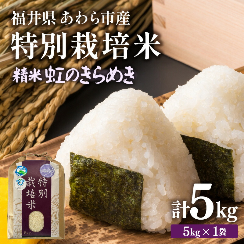 【ふるさと納税】【先行予約】【令和8年産】化学肥料不使用 特別栽培米 虹のきらめき 精米 5kg / 白米 米 福井県あわら市産 美味しい 特別栽培米 減農薬 安心な米 旨味 甘み もっちり 冷蔵保管米 ※2026年9月下旬以降発送予定｜福井県あわら市