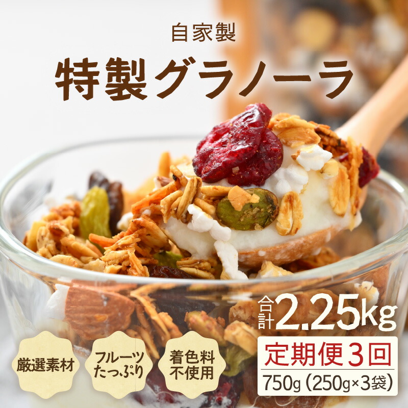 【ふるさと納税】＜定期便3回＞無添加 フルーツグラノーラ 250g×3袋 750g（計2.25kg）自家製 フルーツグラノーラ ／ 着色料不使用 オーガニック 果物 ヨーグルト 牛乳 シリアル 朝食 国産 ドライフルーツ ミックス クランベリー レーズン ナッツ きび砂糖 小分け グラノラ