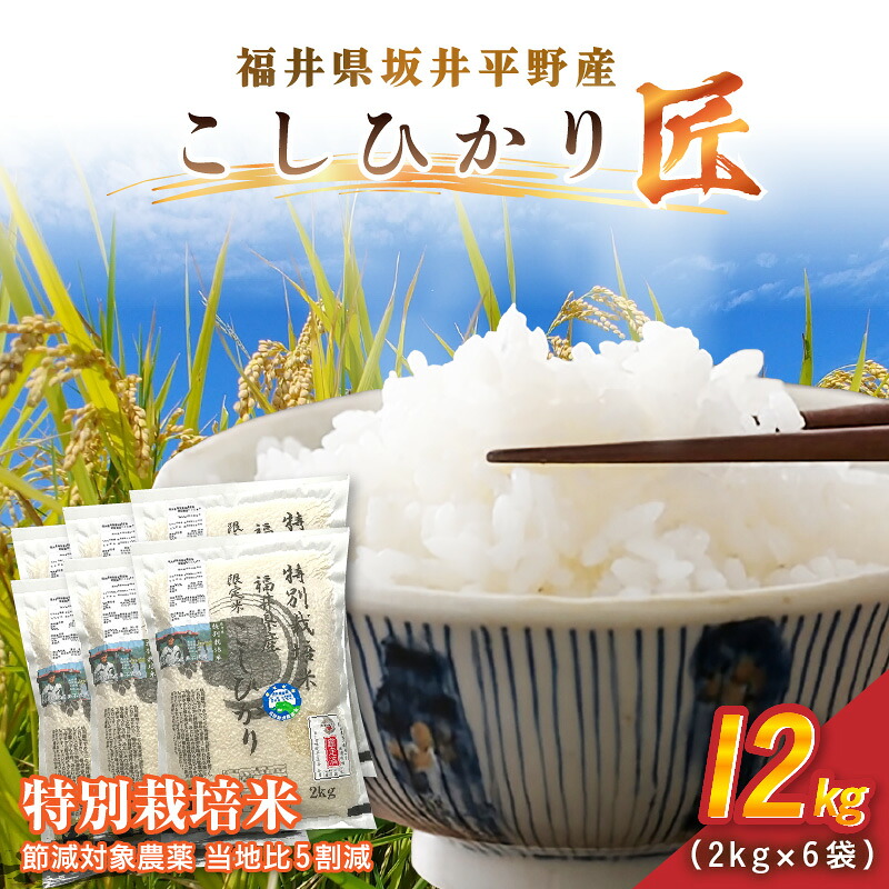 【ふるさと納税】令和7年産 特別栽培米 コシヒカリ匠 12kg（2kg&times;6袋）節減対象農薬当地比5割減【選べる精米方法：白米 / 玄米】【米 コメ お米 コシヒカリふるさと納税米 ブランド米 国産】｜福井県坂井市