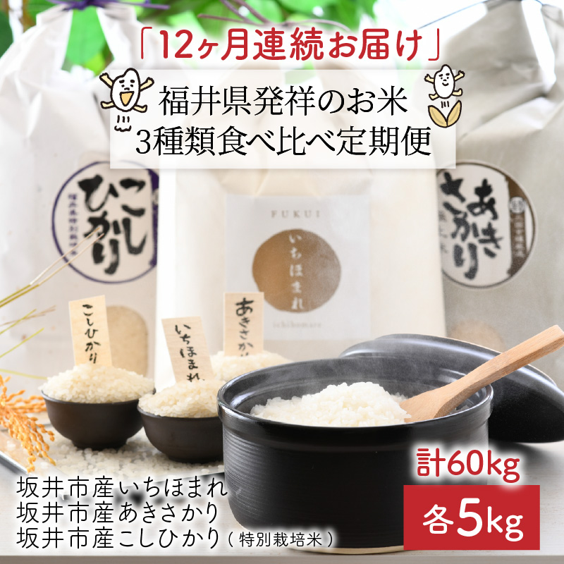 ふるさと納税 米 定期便 5kg 12回 計60kg 12ヶ月連続お届け 福井県発祥のお米 こしひかり あきさかり いちほまれ 3種食べ比べ Rvcconst Com