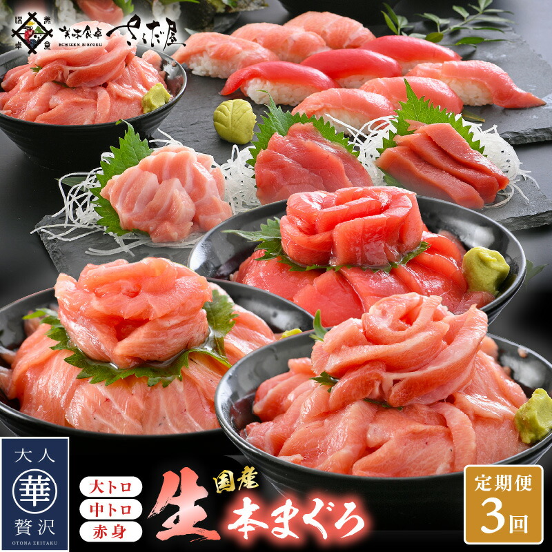【ふるさと納税】定期便 ≪3カ月連続お届け≫ おすすめ！まぐろの王様！生本まぐろ 食べ比べ 定期便 計3回 【本まぐろ マグロ まぐろ 大とろ  中トロ 赤身 刺身 冷蔵 お取り寄せ グルメ】 [e04-b028]