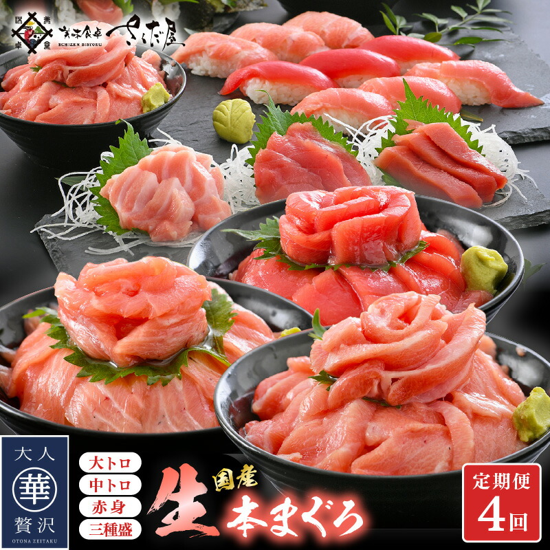 【ふるさと納税】定期便 ≪4カ月連続お届け≫ おすすめ！まぐろの王様！生本まぐろ 食べ比べ 定期便 計4回 【本まぐろ マグロ まぐろ 大とろ  中トロ 赤身 刺身 冷蔵 お取り寄せ グルメ】[e04-c017]