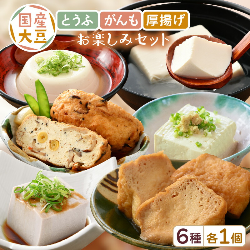 【ふるさと納税】 国産大豆とうふ  がんも 厚揚げ お楽しみセット6種 各1個 【 国産 大豆 豆腐 とうふ 厚揚げ がんもどき 食べ比べ ぎんなん 青豆 黒豆 買い回り お買い物マラソン 6000円以下 】 [e08-a004]