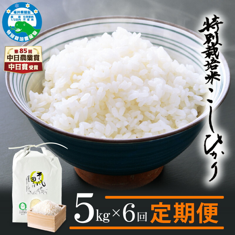 【ふるさと納税】【中日賞受賞】 米 定期便 ≪6ヶ月連続お届け≫ 特別栽培米 コシヒカリ 5kg &times; 6回 福井県産米（有機肥料100% 農薬7割減）「そよ風田んぼ」【人気品種 こしひかり 計30キロ 田んぼの天使 】 [e10-h002]｜福井県越前町