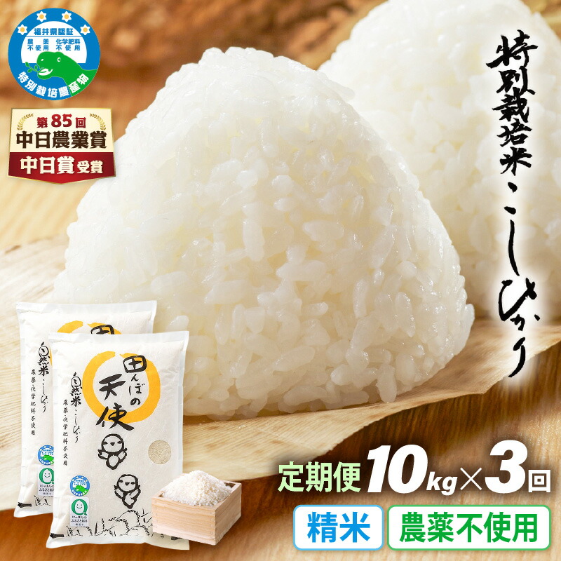 【ふるさと納税】【中日賞受賞】《3ヶ月定期便》農薬不使用 こしひかり 10kg(5kg×2袋)×3ヶ月連続 計30kg 特別栽培米コシヒカリ【精米】福井県認証区分1取得「田んぼの天使」越前町【5キロ お米 コメ 農薬化学肥料不使用 送料無料】|福井県越前町