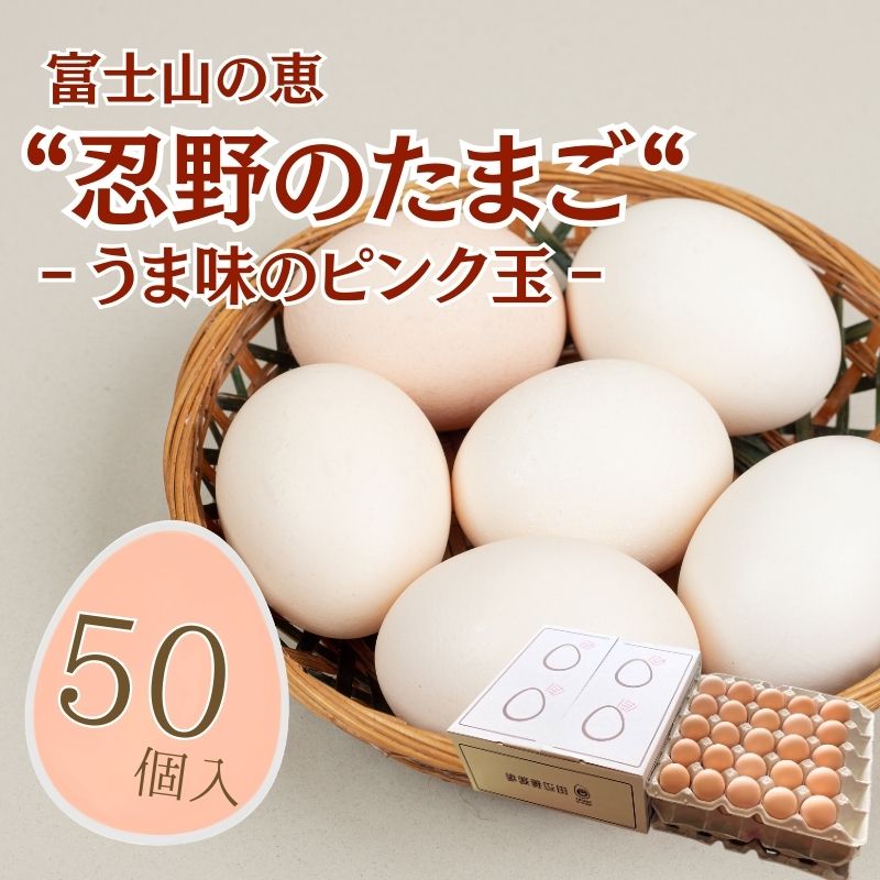 【ふるさと納税】富士山の恵“忍野のたまご“‐うま味のピンク玉‐50個入　|| 山梨県産 新鮮 たまご たっぷり 卵 玉子 送料無料 送料込 家庭用 鶏卵 生卵 コク うまみ 濃厚 美味しい 自然豊か のどか 白身 黄身 プリン 安心 元気 栄養満点 安全 こだわり 贈答 贈り物 旨い