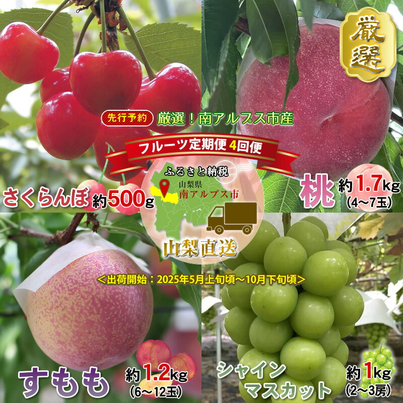 【ふるさと納税】 ＜2025年発送分先行予約＞厳選！南アルプス市産　『フルーツ定期４回便』　【さくらんぼ・もも・すもも・シャインマスカット】 ふるさと納税 果物 フルーツ さくらんぼ もも 葡萄 シャインマスカット おすすめ 山梨県 南アルプス市 送料無料 ALPDD002