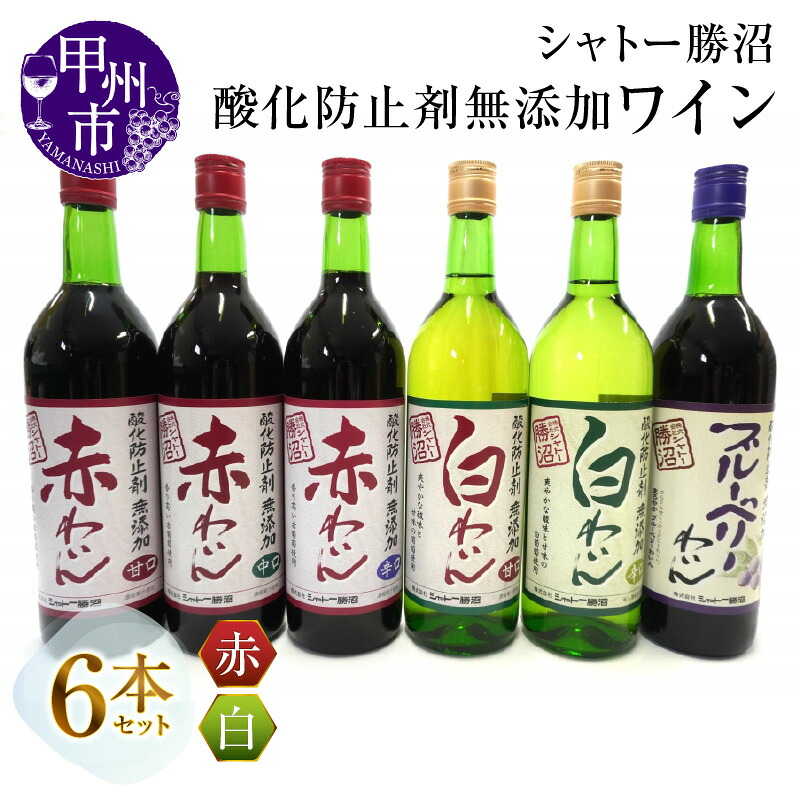 【ふるさと納税】 ワイン 6本 セット シャトー 勝沼 酸化防止剤 無添加 山梨県 国産ワイン 甘口 中口 辛口 ブルーベリー 母の日 父の日 記念日 ギフト 甲州市 (MG) 【C5-662】