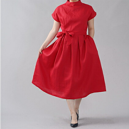 ふるさと納税 山梨県中央市で縫った 麻ドレス 斬新シンプルレイズドネック ファッション 女性 レディース 麻ドレス リネンワンピース ルージュ Jaquemeng Com