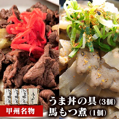 【ふるさと納税】甲州名物！牛より馬い「うま丼の具」３個＆「馬もつ煮」１個ふるさと納税限定セット　馬肉 桜肉 国産 ご当地グルメ 郷土料理