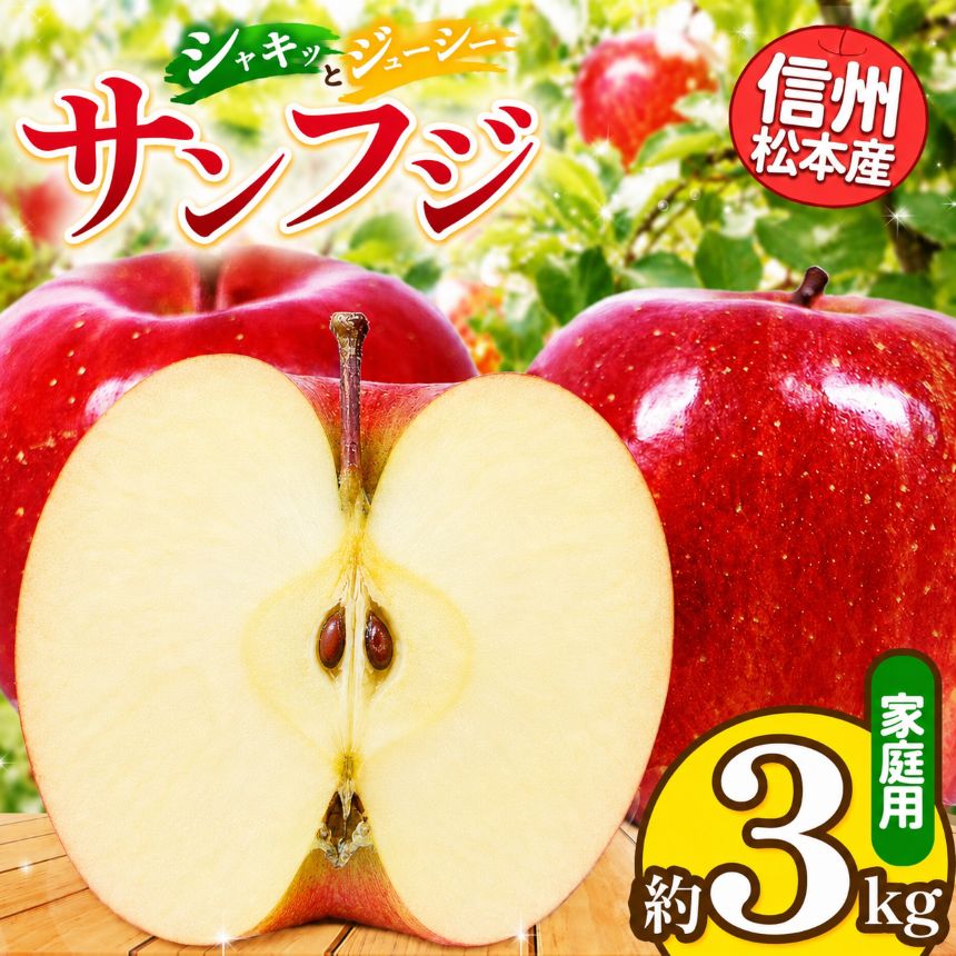 【ふるさと納税】【先行受付】信州松本産　サンふじ　約3kg 家庭用（訳あり品） │ 林檎 りんご リンゴ サンふじ 果汁 果物 貴重 くだもの フルーツ 自然 旬 ご褒美 長野県 信州 松本 ふるさと納税｜長野県松本市