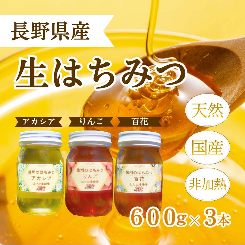 【ふるさと納税】はちみつ 国産 生はちみつ アカシア リンゴ 百花 600g 3本 セット 非加熱 蜂蜜｜長野県上田市