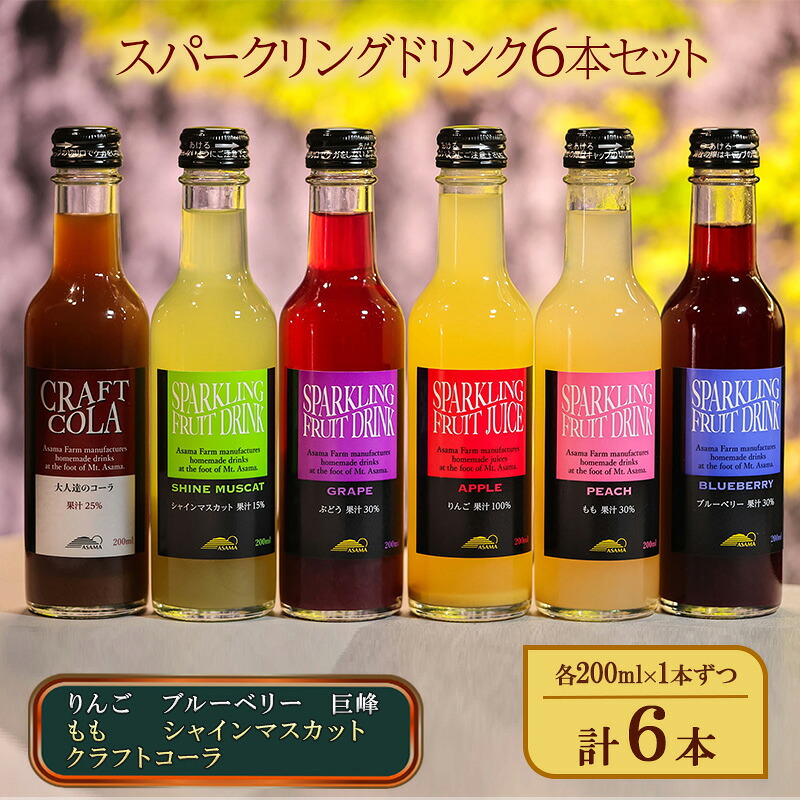 【ふるさと納税】スパークリングドリンク6本セット(りんご、ブルーベリー、巨峰、もも、シャインマスカット、クラフトコーラ)各200m×1本ずつ 計6本 信州産フルーツ 炭酸飲料 ノンアルコール 化粧箱入り ギフト 贈り物 贈答|長野県小諸市
