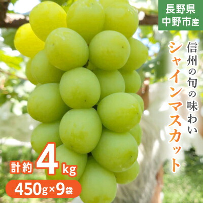 【ふるさと納税】長野県中野市産ぶどう・シャインマスカット450g 9袋入り1箱【配送不可地域：離島】【1494268】