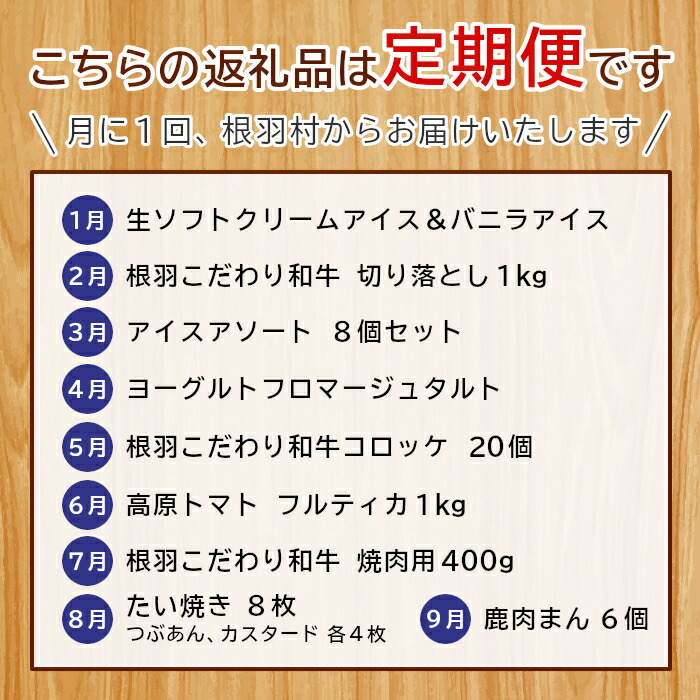 本物◇ 全9回 根羽村満喫定期便 切り落とし アイス アイスクリーム コロッケ トマト 焼肉 たい焼き 国産黒毛和牛 ケーキ タルト fucoa.cl