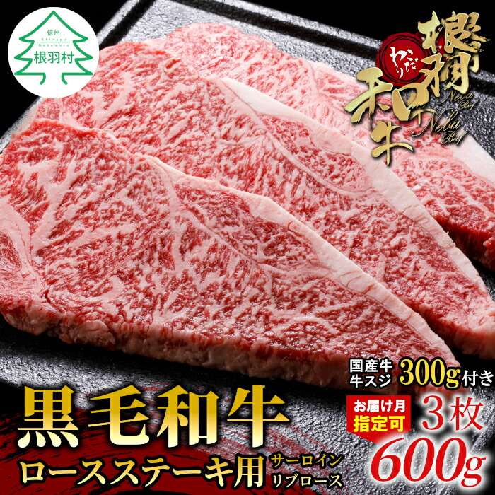 【ふるさと納税】今だけ国産牛スジ付き★お届け月が選べる◎1枚ずつ個包装 根羽こだわり和牛 ロースステーキ用 (サーロイン・リブロース) 3枚 600g (200g×3) 国産黒毛和牛 牛肉 ステーキ 和牛 サーロインステーキ リブロース 20000円 20,000円 2万円