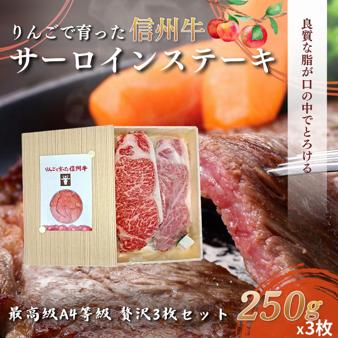 【ふるさと納税】【りんごで育った信州牛】ステーキ用3枚入り【 牛肉 信州牛 サーロインステーキ 黒毛和牛 A4 サーロイン ステーキ 肉 お肉 牛 和牛 焼肉 焼き肉 BBQ バーベキュー ギフト 冷蔵 長野県 長野 】 　お届け：寄附入金確認後、順次発送