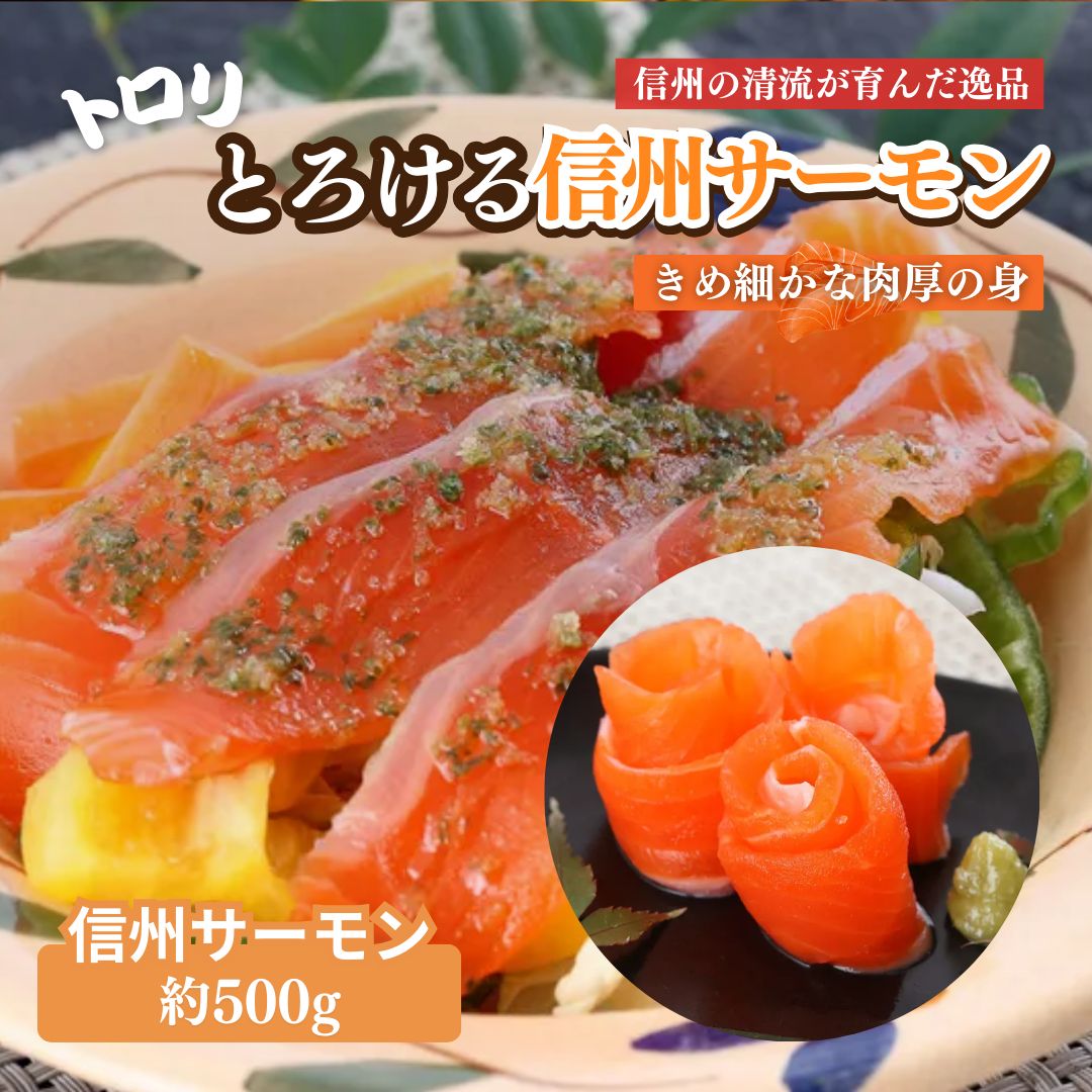 【ふるさと納税】サーモン トロリとろける信州サーモン（虹鱒×ブラウントラウト）生食用約500g 刺身 冷凍 国産 スライス ホイル焼き 長野県 山ノ内町 魚貝類 鮭 簡単調理 肉厚 サーモンの刺身 サーモンポキ 肴 つまみ 　お届け：入金確認後、順次発送