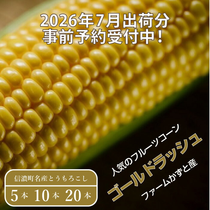 【ふるさと納税】2026年夏のご予約受付開始! 信濃町名産とうもろこし『ファームかずとのゴールドラッシュ 5本 / 10本 / 20本セット』粒皮が薄く生でも食べられる、フルーツを凌ぐほどの甘いとうもろこし 朝採れを農場から直送 令和8年7月下旬~8月下旬出荷分 先行予約|長野県信濃町