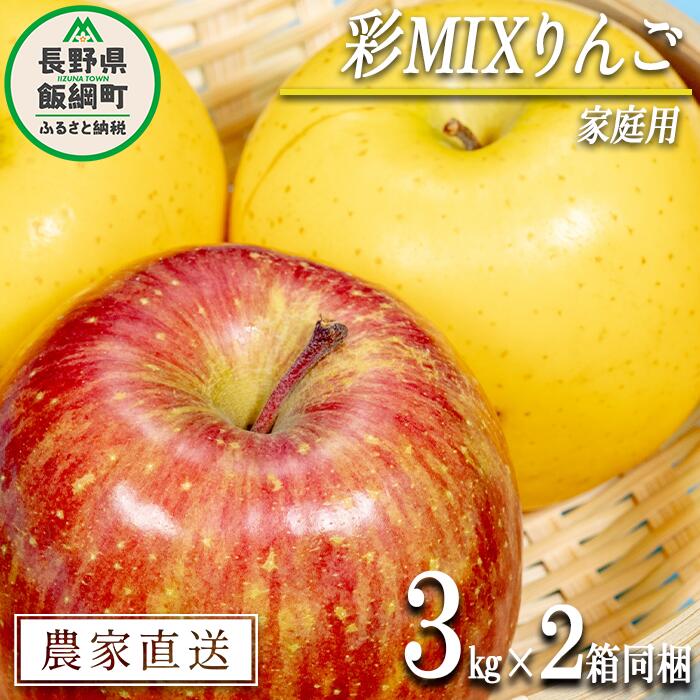 【ふるさと納税】 りんご 黄紅彩りMIXりんご サンふじ シナノゴールド 家庭用 3kg × 各1箱 合計 2箱 セット 大友農場 エコファーマー認定 沖縄県への配送不可 令和7年度収穫分 長野県 飯綱町 発送時期：2025年12月中旬～2026年1月下旬 {**}