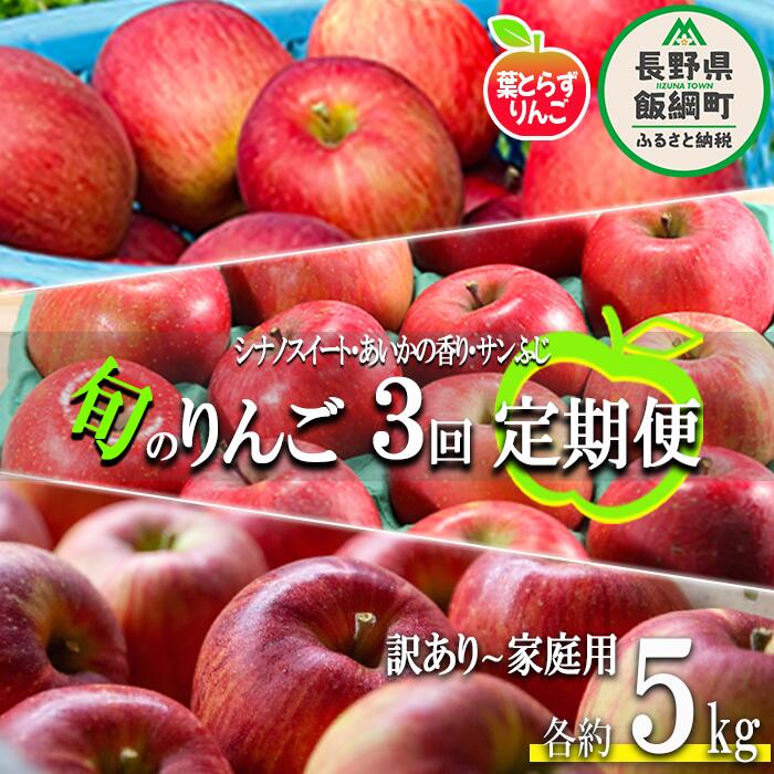 【ふるさと納税】 旬の葉とらずりんご 【 定期便 】 訳あり ～ 家庭用 5kg &times; 3回 フレッシュフルーツミカズキ 沖縄県配送不可 令和8年度収穫分 長野県 飯綱町 〔 傷 不揃い リンゴ 果物 フルーツ 信州 長野 予約 農家直送 〕発送期間：2026年10月中旬～2026年12月下旬 {*}｜長野県飯綱町
