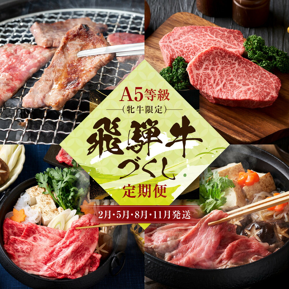 【ふるさと納税】A5等級(牝牛限定）飛騨牛づくし 【2月・5月・8月・11月発送】定期便 | A5等級 和牛 ブランド牛 黒毛和牛 牛肉 すきやき ステーキ 焼肉 鍋 飛騨高山 肉の朝日屋 JX101｜岐阜県高山市