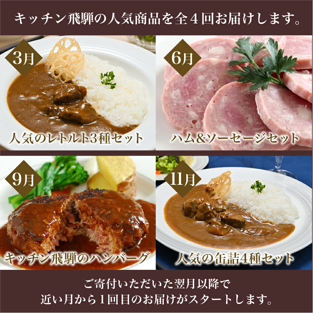 楽ギフ_包装】 4回お届け キッチン飛騨 4か月 定期 レトルト カレー 飛騨ハム ハムセット ハンバーグ 缶詰 食品 寄付金額 40000円 常温  冷凍 ビーフ ポーク ビーフシチュー ハヤシビーフ 飛騨牛 老舗 名店 飛騨高山 人気 お楽しみ TR3916 fucoa.cl