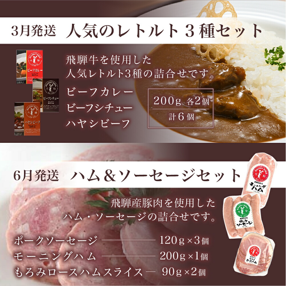 楽ギフ_包装】 4回お届け キッチン飛騨 4か月 定期 レトルト カレー 飛騨ハム ハムセット ハンバーグ 缶詰 食品 寄付金額 40000円 常温  冷凍 ビーフ ポーク ビーフシチュー ハヤシビーフ 飛騨牛 老舗 名店 飛騨高山 人気 お楽しみ TR3916 fucoa.cl