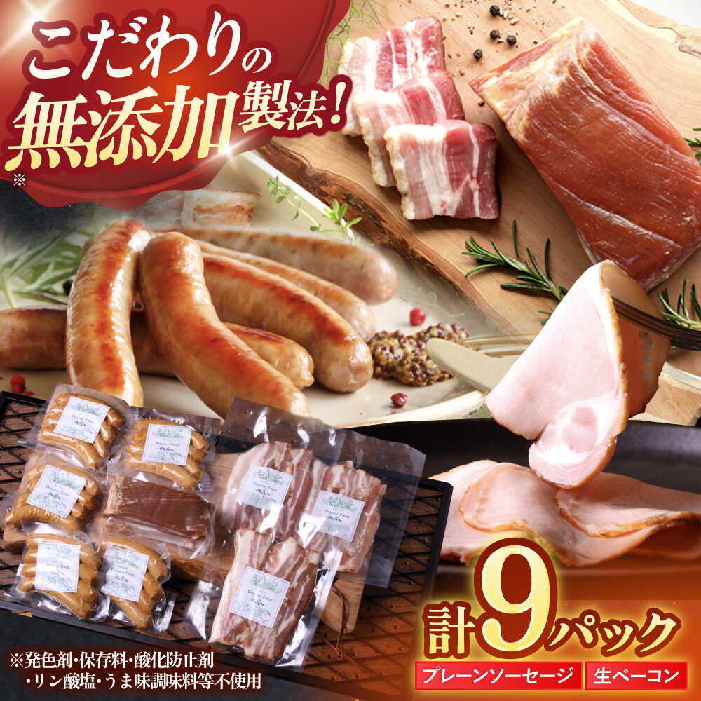 【ふるさと納税】中山道ハム プレーンソーセージ 生ベーコン 計9パック 小分け 冷凍 瑞浪市 / オーガニックフーズ お取り寄せ 小分け 手作り 無塩せき 発色剤 保存料 無添加[AZAK007]