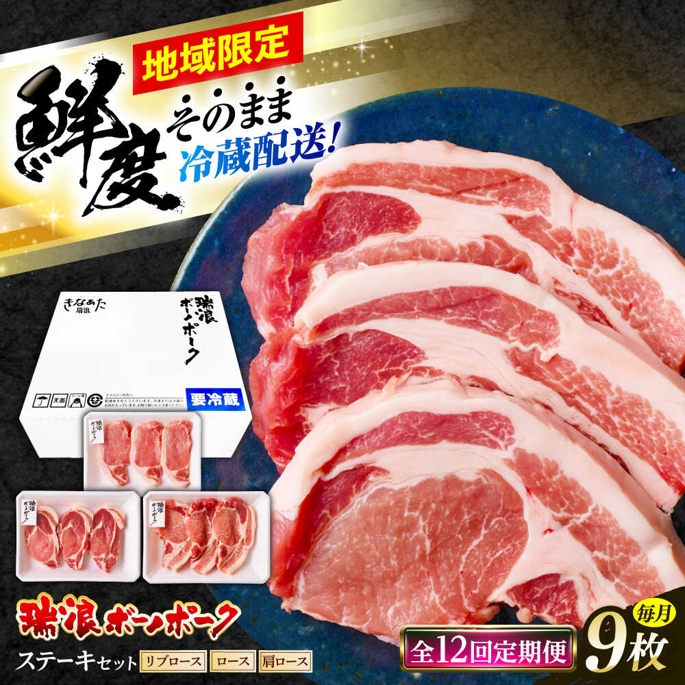 【ふるさと納税】【12回定期便】 ※冷蔵配送/地域限定※ 岐阜県産 豚 瑞浪ボーノポーク ステーキ 1kg 食べ比べセット (リブロース・ロース・肩ロース) 瑞浪市 / きなぁた瑞浪[AZCI061]
