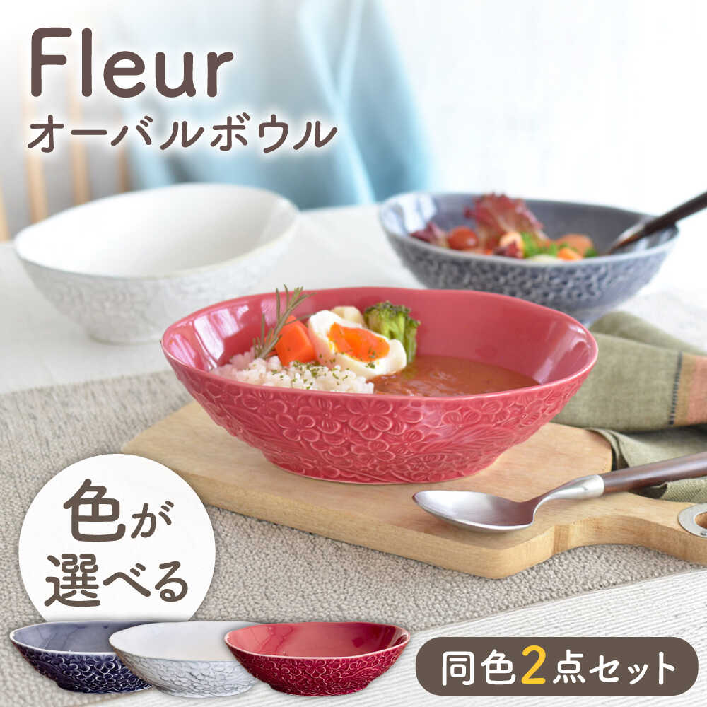 【ふるさと納税】【美濃焼】3色から選べる Fleur オーバルどんぶり鉢 2個書き割り 【株式会社カクニ】 パスタ カレー ありの実書き割り[MEF010]