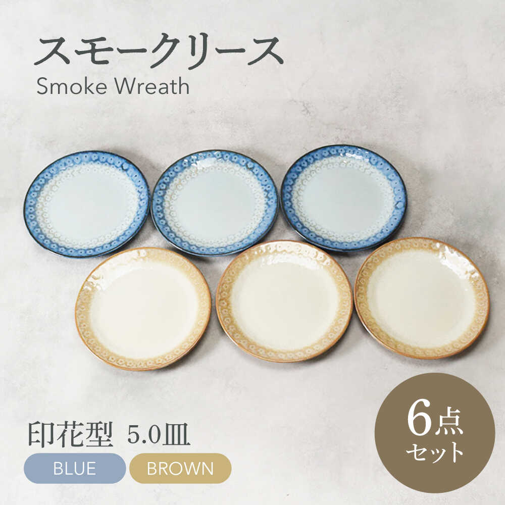 【ふるさと納税】【美濃焼】スモークリース・ブルー＆ブラウン 印花型 5.0皿 各3点 合計6点セット【カネ定製陶】 プレート ケーキ皿 セット[MEI198]