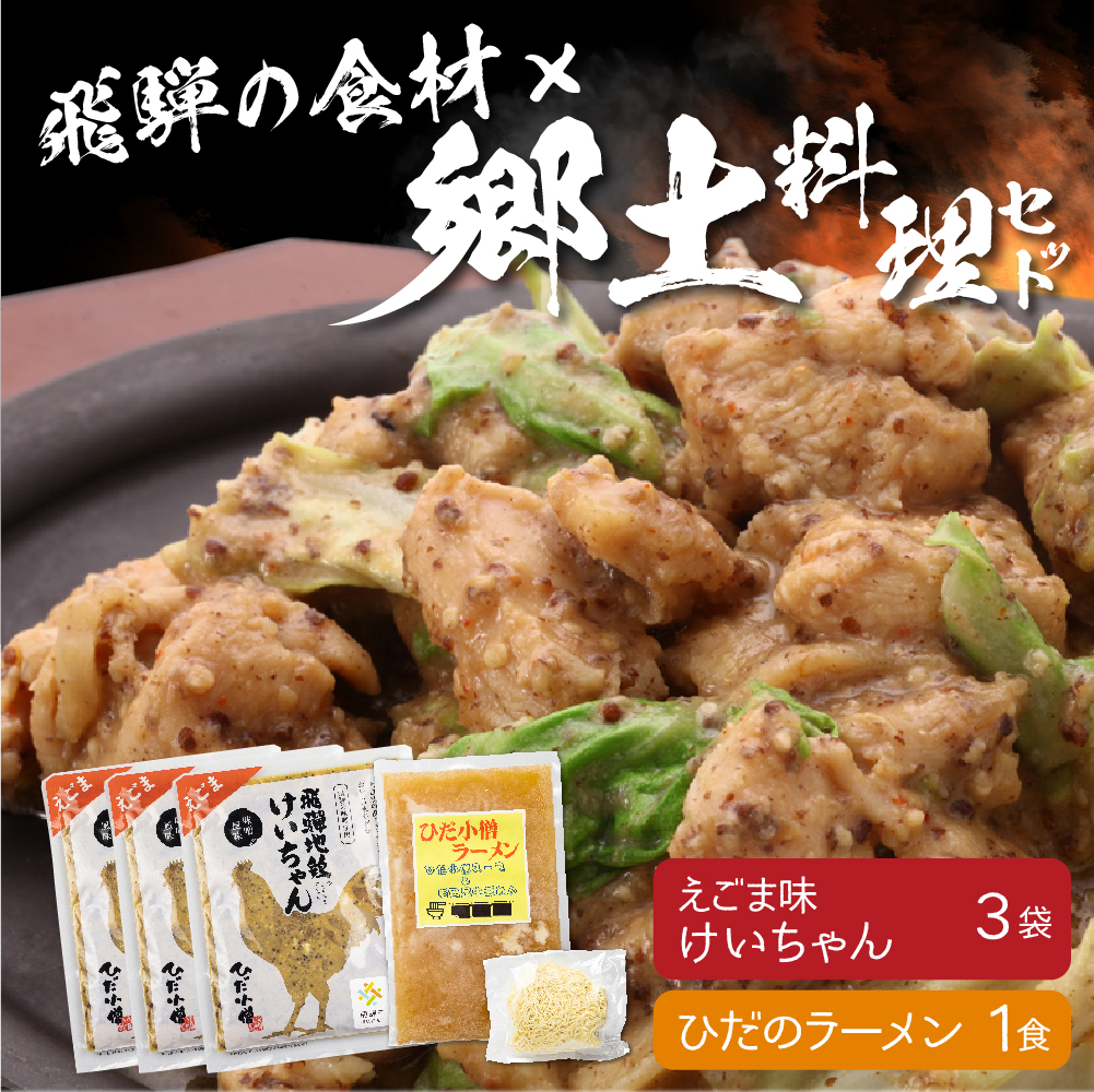 宅配便送料無料 飛騨地鶏けいちゃん 味噌 えごま 350g×各1 飛騨旨豚醤油ステーキ250g×１ 2種類3点セット 冷凍 郷土料理 お取り寄せ  鶏ちゃん合衆国 飛騨市 おつまみ