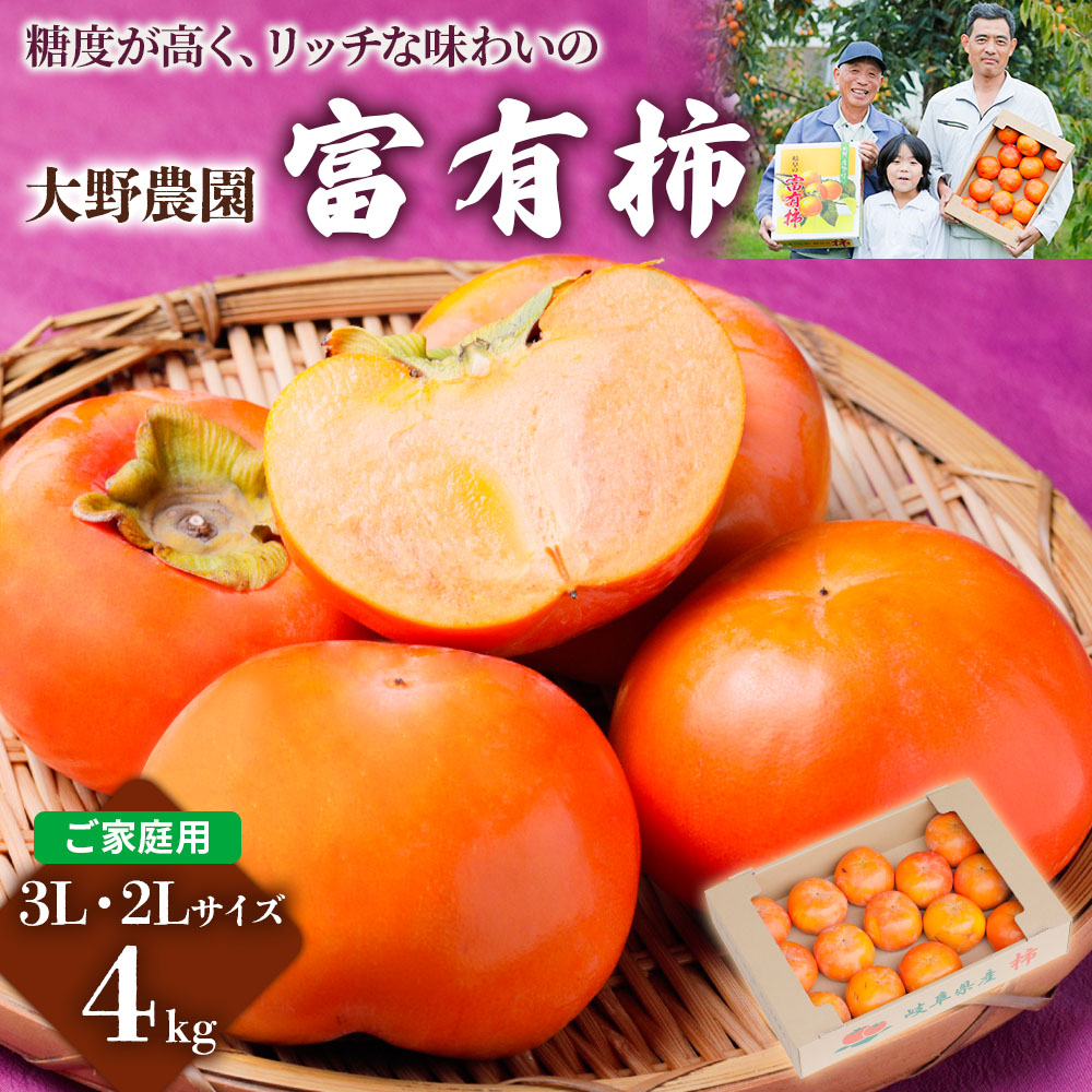 【ふるさと納税】【先行予約】《令和7年産》大野農園の富有柿ご家庭用3L・2Lサイズ  約 4kg 11月中旬～12月中旬発送予定 [1043] [mt094]｜訳あり わけあり ワケアリ かき 富有柿 フルーツ  カキ 果物 くだもの  岐阜県 本巣市 13000円