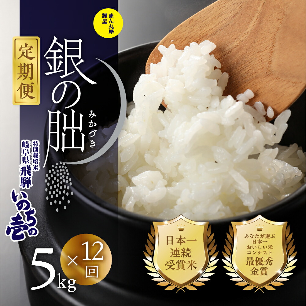 【ふるさと納税】【定期便】【2025年産米】新米受付 5kg×12回 皇室献上米 銀の朏 新米 先行予約 化学肥料不使用 精米 お米 令和7年産 ブランド米 いのちの壱 飛騨  5キロ 12ヶ月 60kg ぎんのみかづき  米 下呂市   白米 5kg 農家直送 送料無料