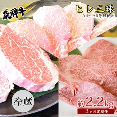 【ふるさと納税】飛騨牛　ヒレ三昧　計2.2kg A4～A5等級使用（3ヶ月定期便） お肉 牛肉 国産 ブランド和牛 希少部位 最高級部位 シャトーブリアン 霜降り ロース 真空パック 冷蔵 ヒレステーキ サイコロステーキ 焼肉用