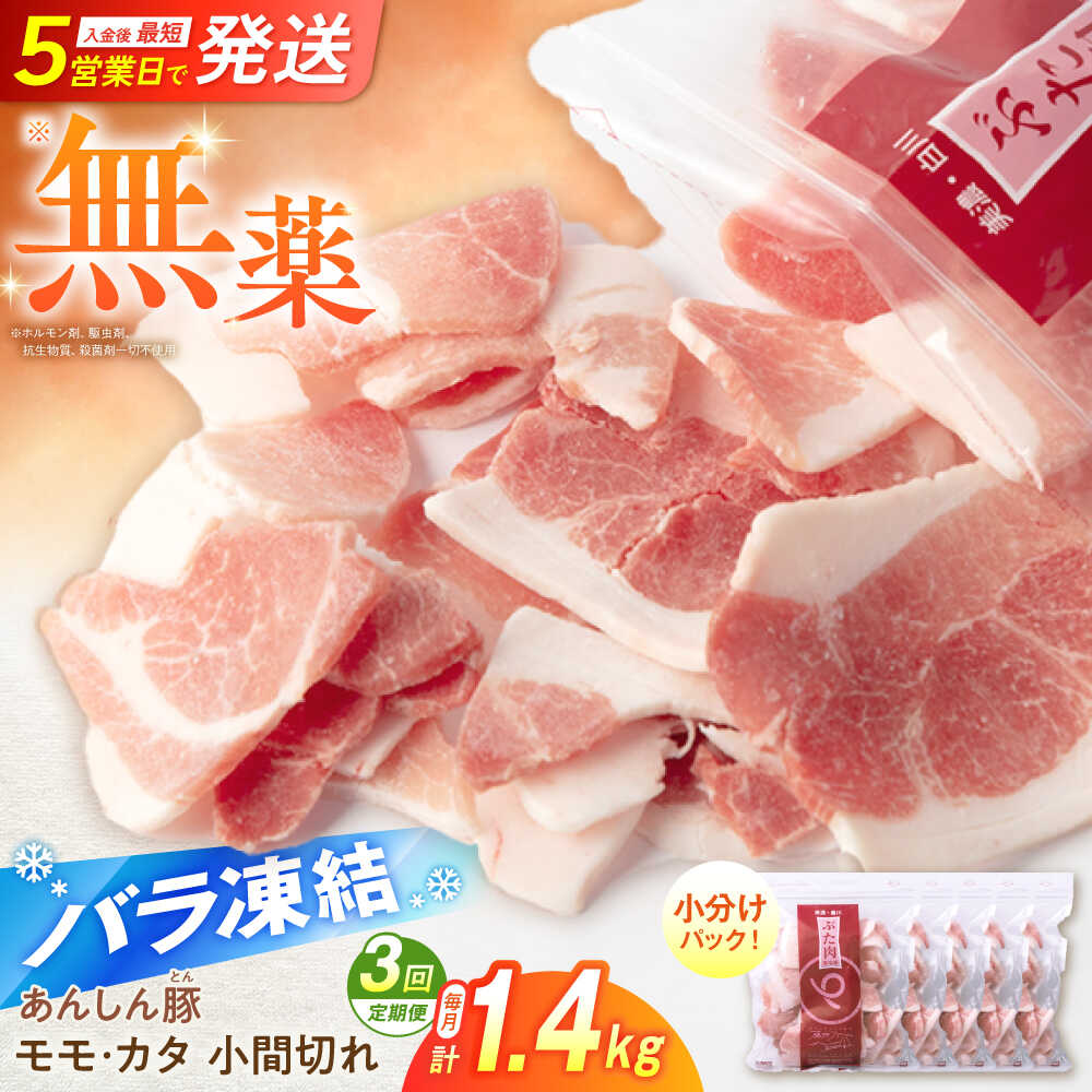 【ふるさと納税】【 3回 定期便 】 豚肉 無薬育ちのあんしん豚 モモ ・ カタ 小間切れ 1.4kg 計 4.2kg / 3回定期便 バラ凍結 小分け 豚こま 無薬育ち ブランド豚 大容量 冷凍 豚コマ 豚こまぎれ ぶた肉 カレー シチュー 切り落とし 国産 白川町 / 藤井ファーム[AWAF030]