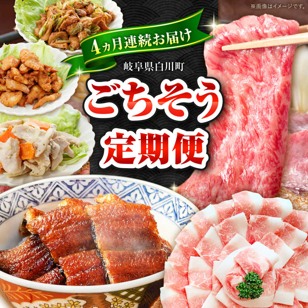 【ふるさと納税】【 定期便 】白川町から 飛騨牛 豚肉 鶏肉 うなぎ 全4回 白川のごちそうお届け定期便 / お肉定期便 うなぎ定期便 ごちそう定期便 牛肉 銘柄牛 無薬育ちの豚肉 あんしん豚 豚しゃぶ しゃぶしゃぶ 味付き鶏肉 鶏ちゃん ケイちゃん うなぎ 鰻 / 白川町[AWCE012]