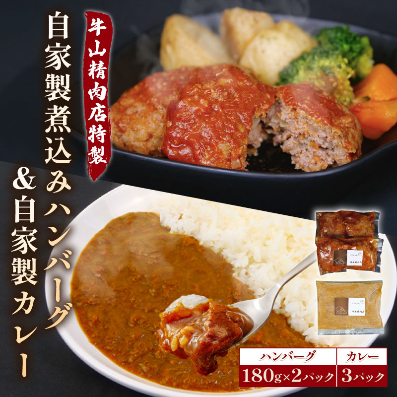 【ふるさと納税】 自家製 煮込み ハンバーグ 2個入り 180g ×2パック カレー 200g ×3パック セット 国産牛 牛肉 国産豚 個包装 湯煎 レンジ 温めるだけ 簡単 調理 牛山精肉店 特製 手作り グルメ 沼津市 静岡県