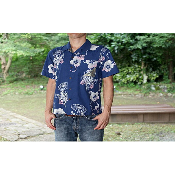 【ふるさと納税】島田帯シャツ（大奴柄　青）L ファッション 服 男性 メンズ