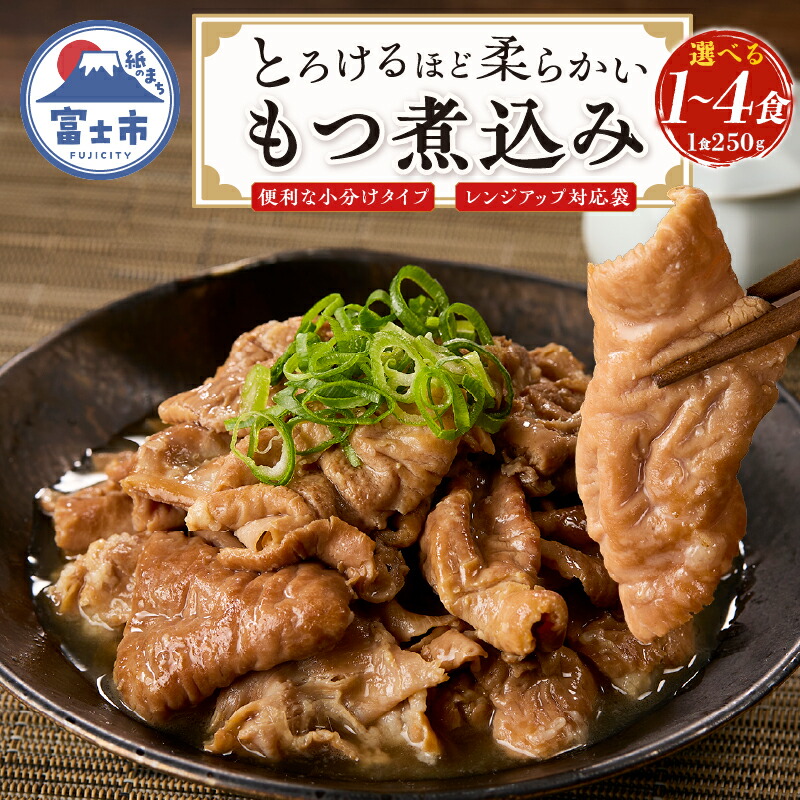 【ふるさと納税】 もつ煮込み 選べる容量 1～4食入 (1食250g) 純国産豚 豚肉 柔らか 厳選ホルモン 冷凍発送 たつみ庵 もつ煮 おかず ご飯 おつまみ 惣菜 レトルト 静岡県 富士市 [sf001-199-352]