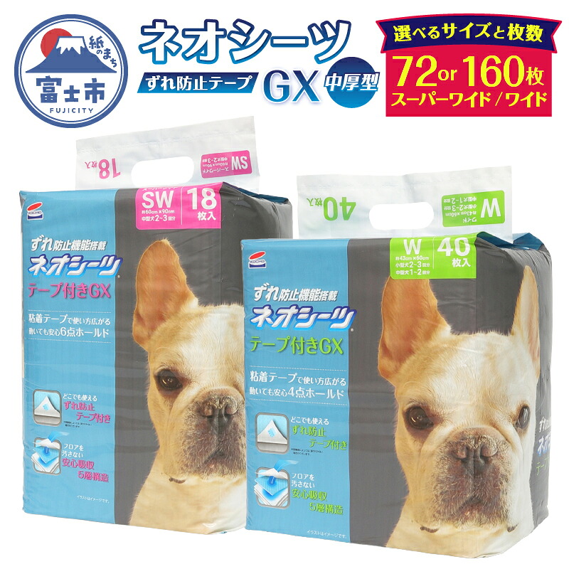 【ふるさと納税】 ネオシーツGX+ずれ防止テープ付き ワイド(計160枚) / スーパーワイド(計72枚) ペットシーツ 中厚型 すばやく吸収 オシッコ 壁 床 貼り付け可能 汚れ いたずら防止 ペット 犬 猫 消耗品 日用品 静岡県 富士市 [sf002-306] [sf002-307]｜静岡県富士市