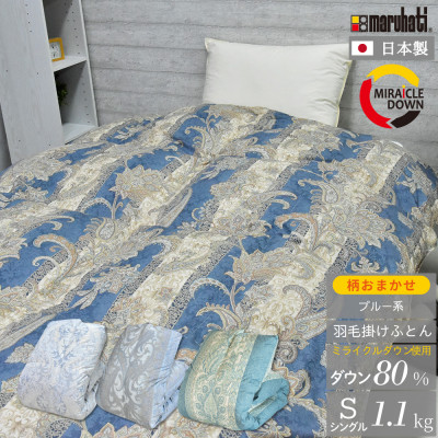 【ふるさと納税】綿毛掛け布団 シングル 150×210糎 1.1kg 再利用綿毛 80% 柄おまかせ青碧系【1465865】