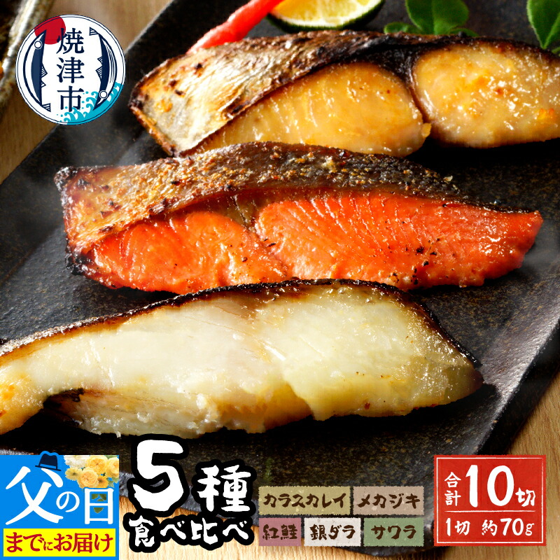 【ふるさと納税】 父の日対応 漬魚 5種10切 紅鮭 銀だら メカジキ サワラ カラスカレイ 味噌漬 粕漬 西京漬 魚 冷凍 真空 個包装 約70g×10 焼津 伝承魚心漬5種 a15-377